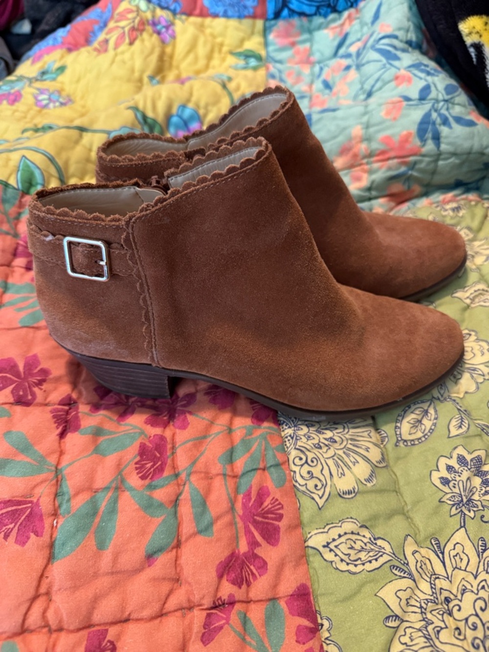 crown & ivy Brown Suede Ankle Booties with Buckle Detail
